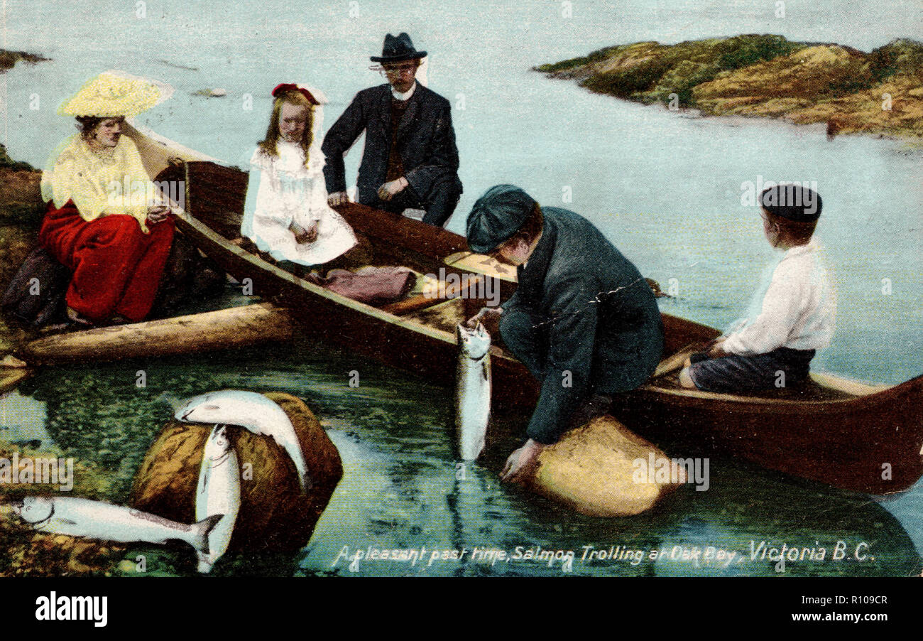 Pêche à la traîne du saumon, Oak Bay, C.-B., 1906 carte postale ancienne Banque D'Images