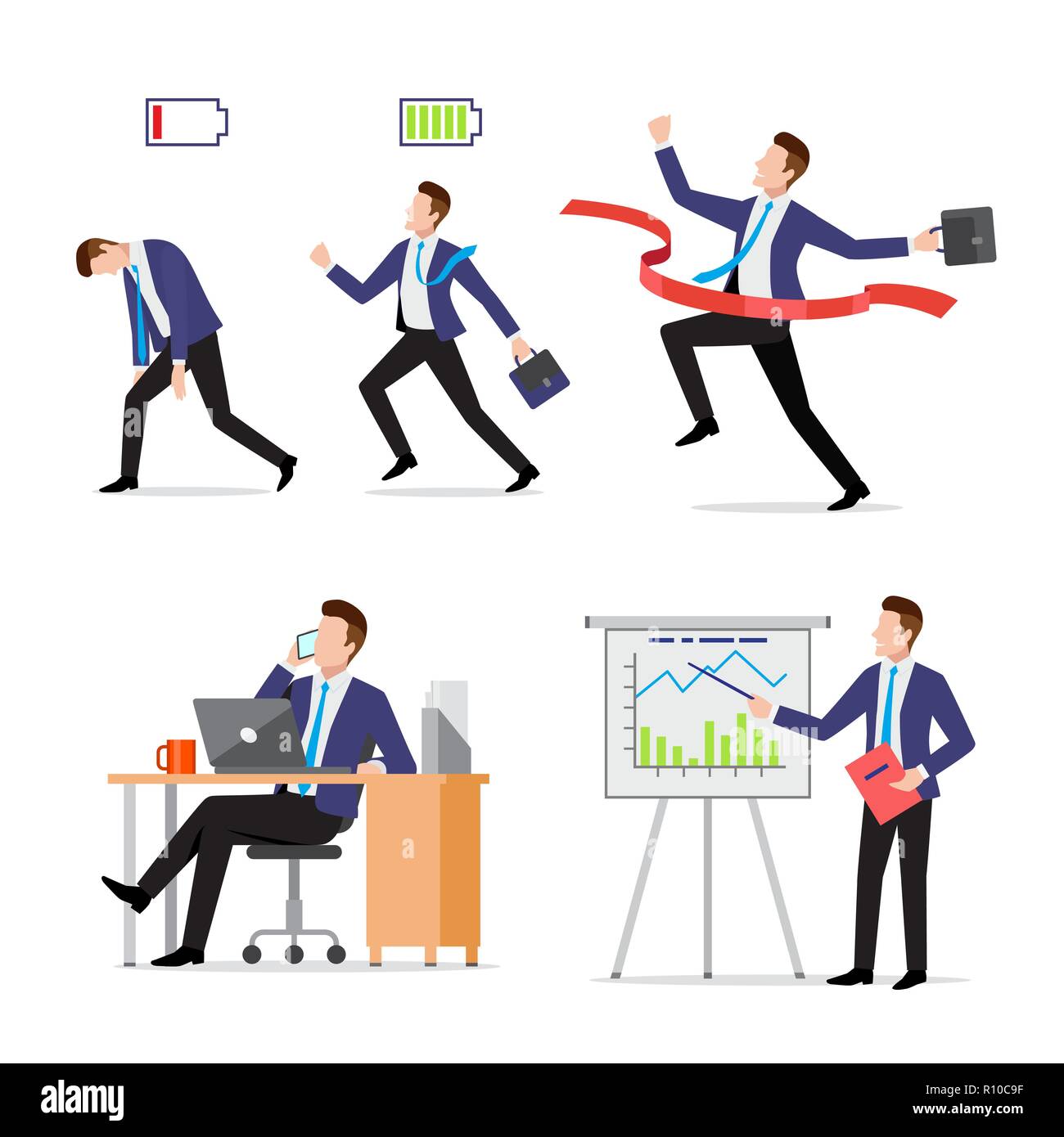 Définir businessman with briefcase dans différentes situations Illustration de Vecteur
