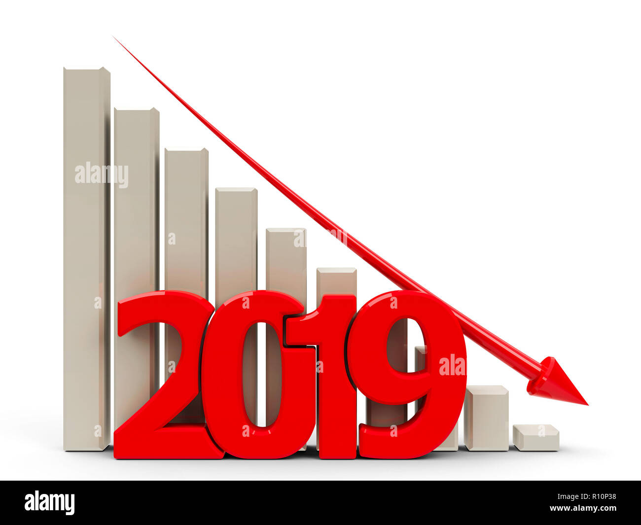 Affaires graphique rouge avec flèche rouge vers le bas, représente diminution de l'année 2019, le rendu en trois dimensions, 3D illustration Banque D'Images