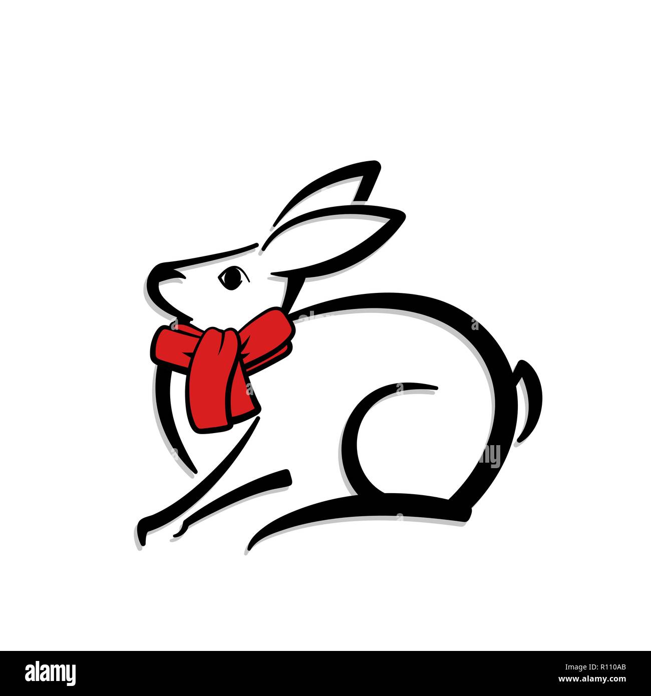 Résumé de l'icône d'un lapin. Simple logo noir et blanc. Vector illustration. Foulard rouge. Illustration de Vecteur