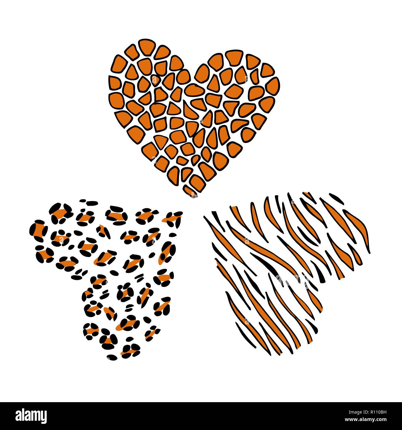 Girafe, guépard et tiger imprimer skin en forme de cœur. Vector illustration. Valentines Day. Carte de vœux. Illustration de Vecteur