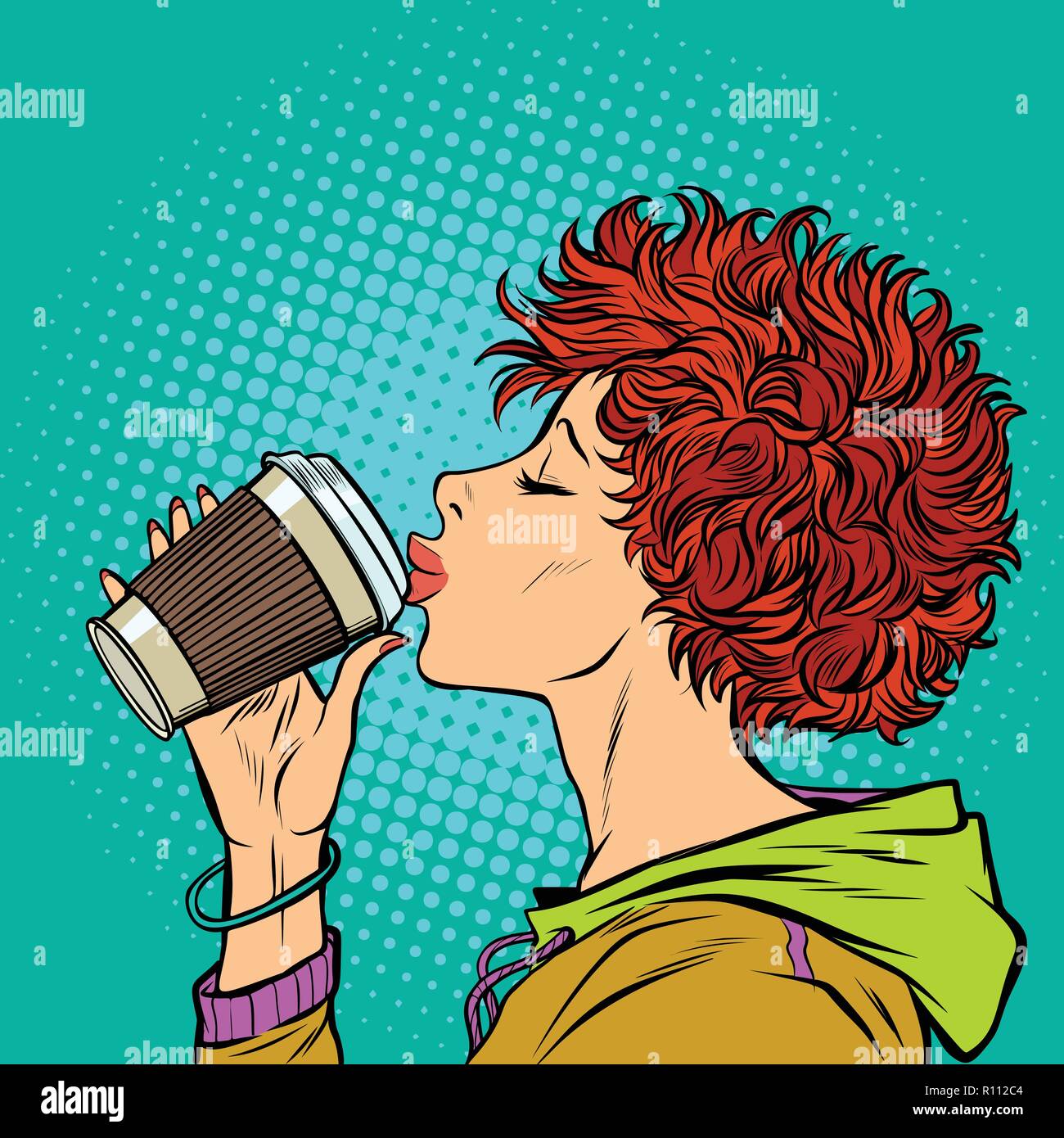 Femme moderne une tasse de papier des boissons de café. Les filles 80s Illustration de Vecteur