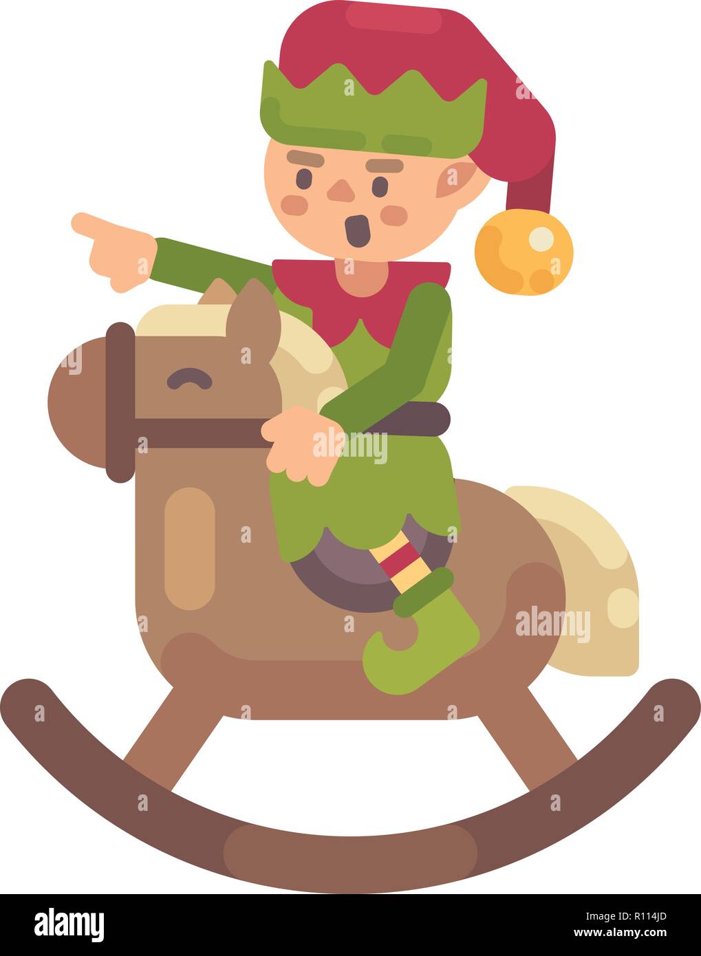 Lutin de Noël mignon équitation un cheval à bascule. Père Noël télévision elf illustration de caractères Illustration de Vecteur