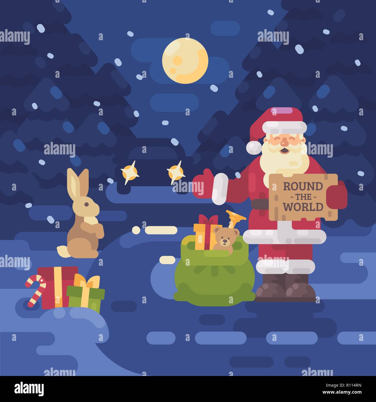Le Pere Noel A Perdu Ses Rennes Le Père Noël a perdu son traîneau et ses rennes et est l'auto-stop sur la  route pour offrir des cadeaux à des enfants. Télévision Noël illustration  Image Vectorielle Stock - Alamy