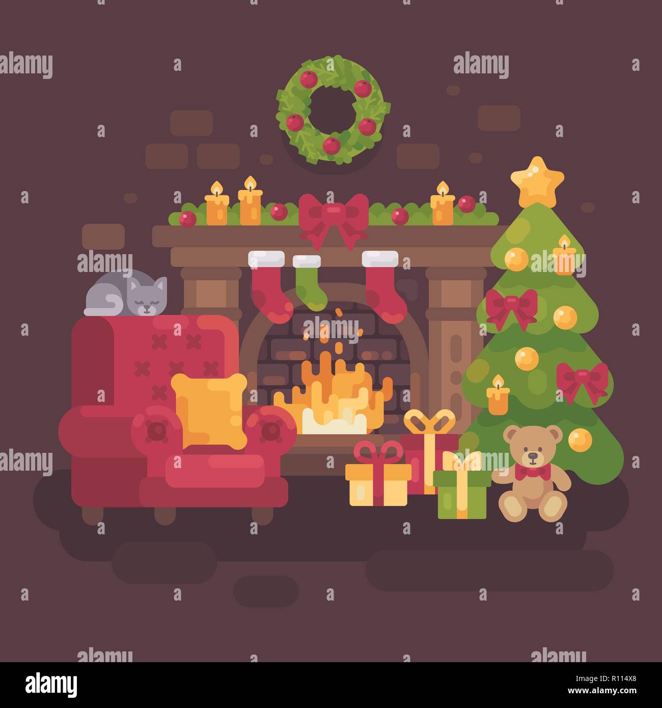Noël décoration confortable avec une cheminée, un fauteuil rouge, un arbre de Noël avec des cadeaux et un coin couchage chat. Appartement de vacances illustration Illustration de Vecteur