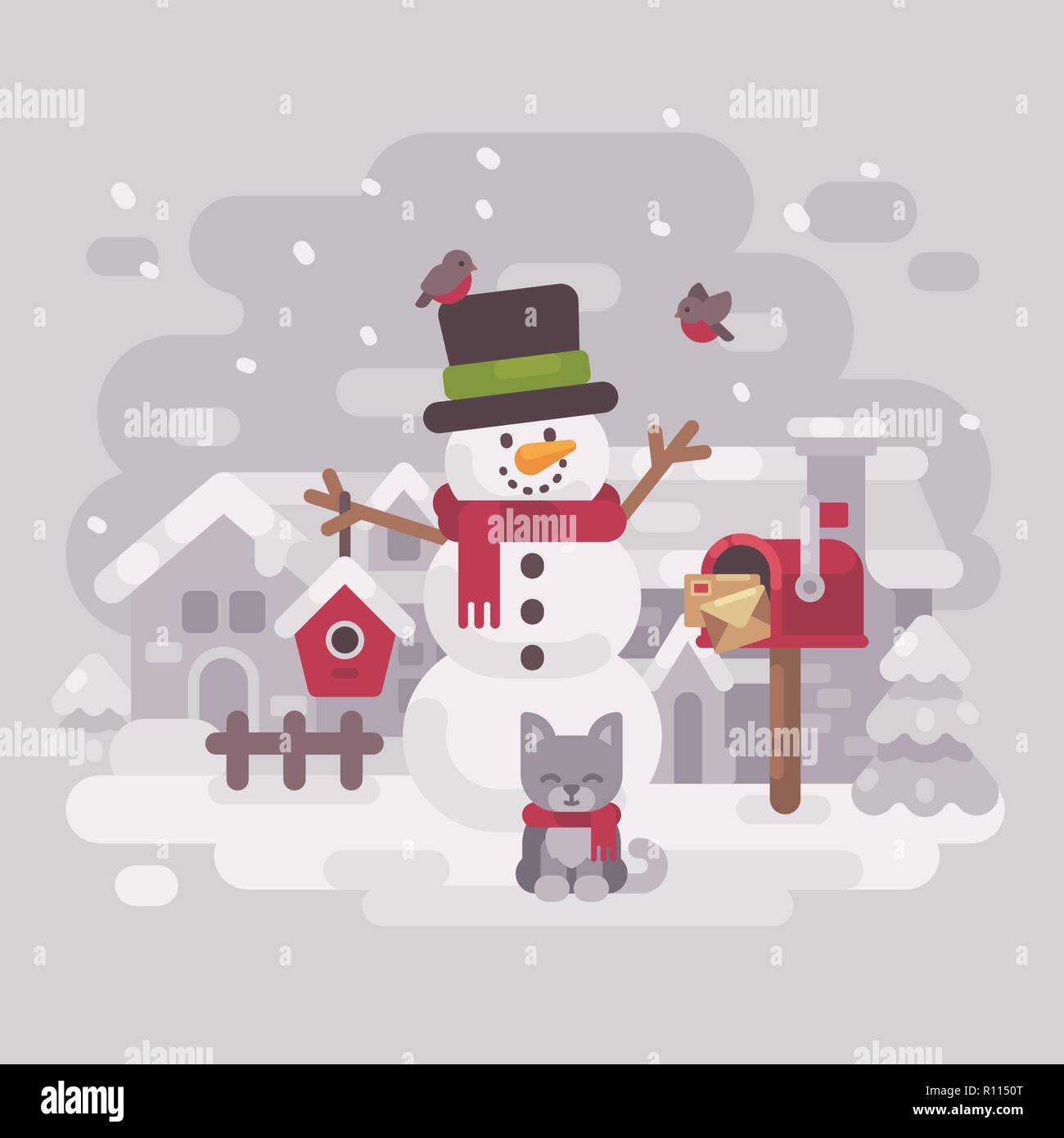 Happy snowman dans un chapeau et un foulard avec un mignon chaton debout près d'une boîte aux lettres avec des lettres au Père Noël tenant une cabane dans un village d'hiver enneigé. Illustration de Vecteur