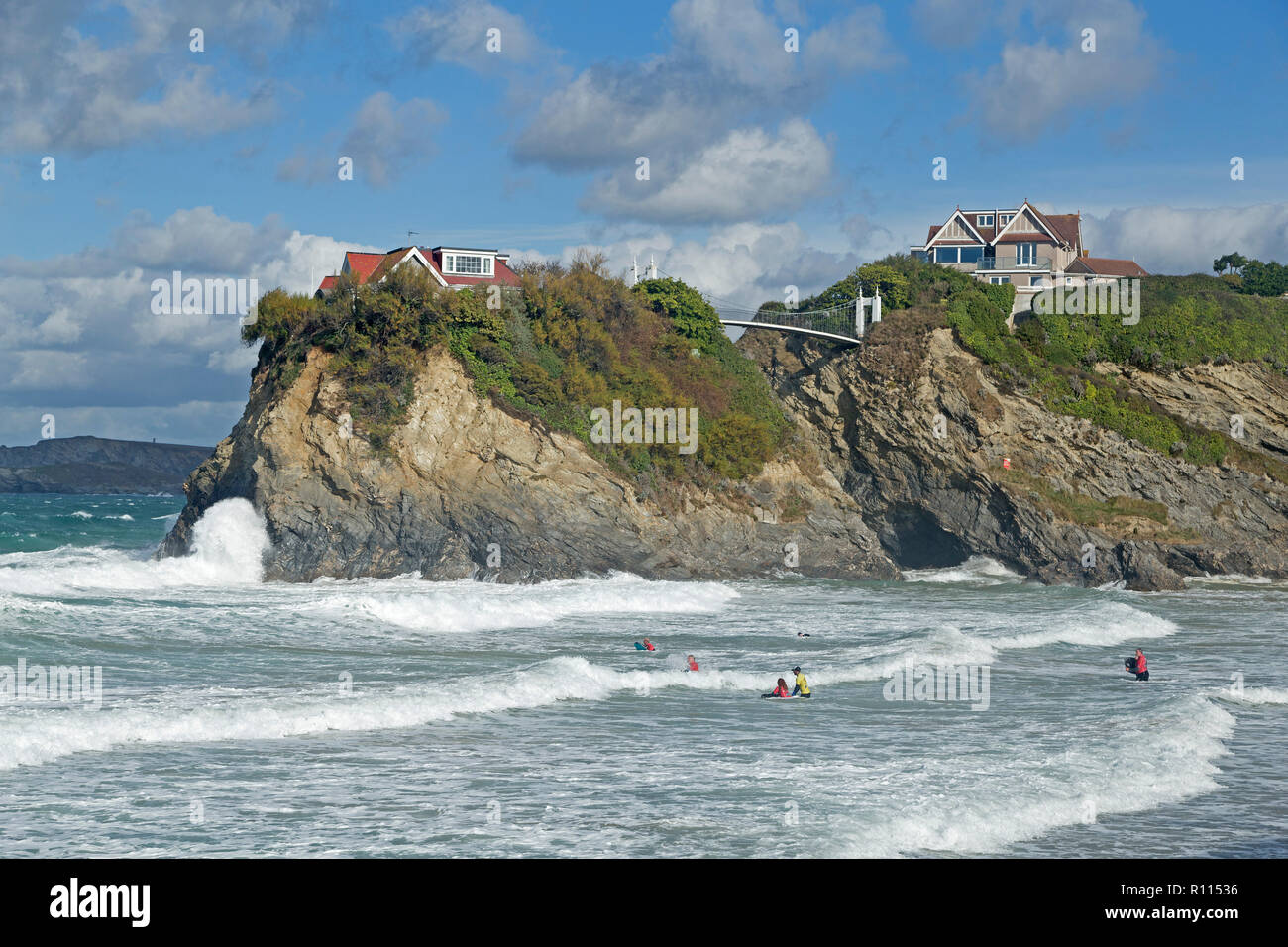 Maison à la mer, plage de Towan, Newquay, Cornwall, Angleterre, Grande-Bretagne Banque D'Images