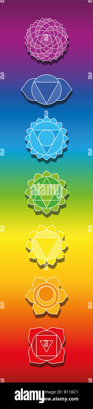 Sept chakras sur fond de couleur arc-en-ciel. Illustration format signet, la guérison spirituelle de symboles. Banque D'Images