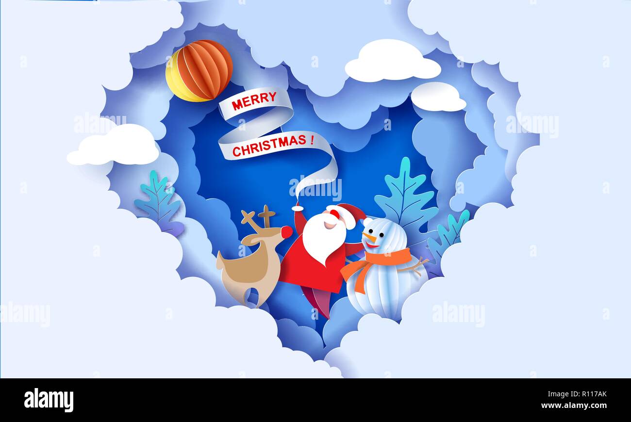 Joyeux Noel Design Card Et Le Pere Noel Bonhomme De Neige Renne Sur Fond De Ciel