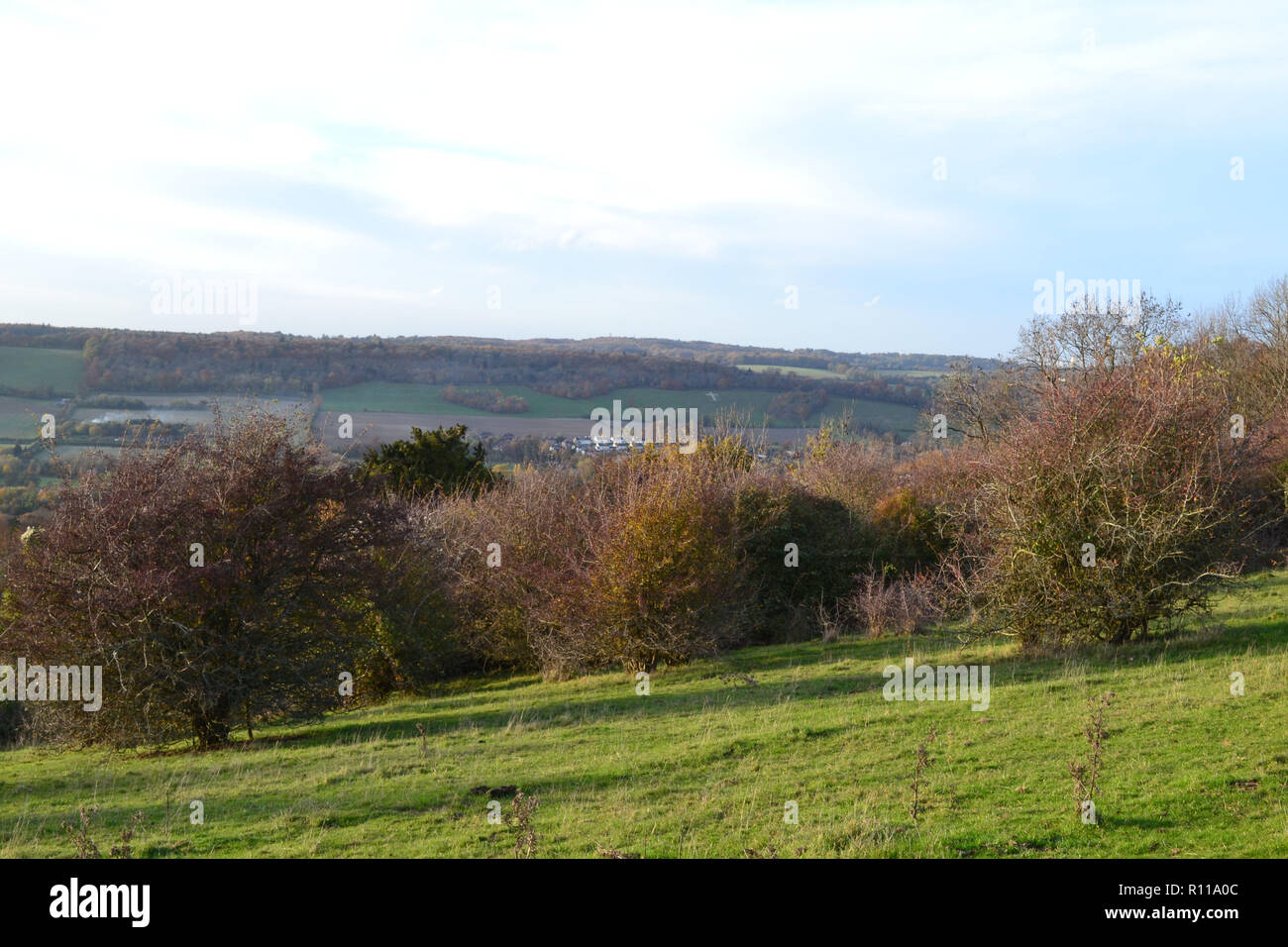 Vue nord ouest d'Fackenden vers le bas, près de Shoreham, dans le Kent, en Angleterre à l'automne 2018. Londres peut être considérée à peu près. Dans la vallée de la Darent Banque D'Images