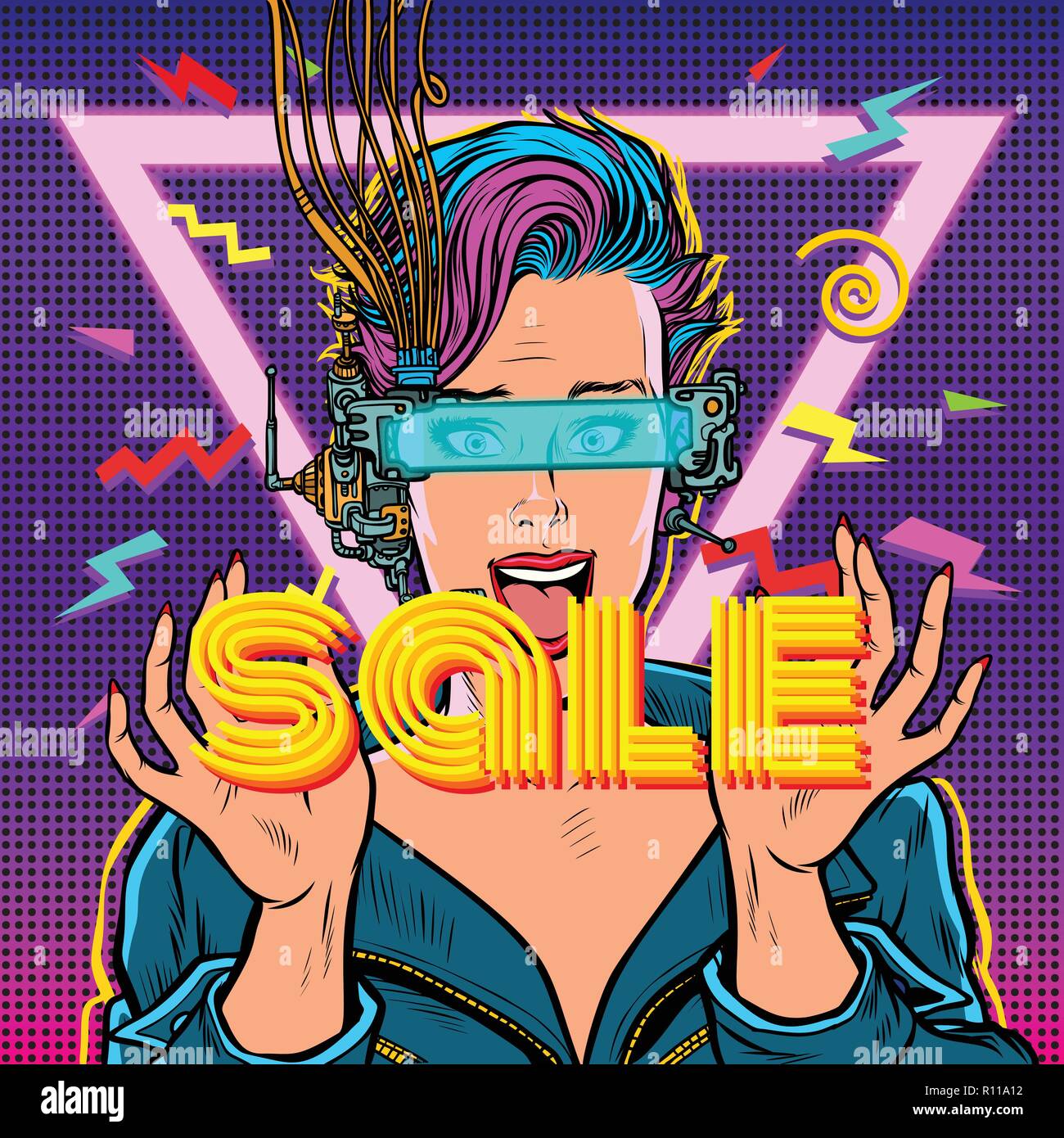 La vente. achat en ligne. femme joyeuse en réalité virtuelle Illustration de Vecteur