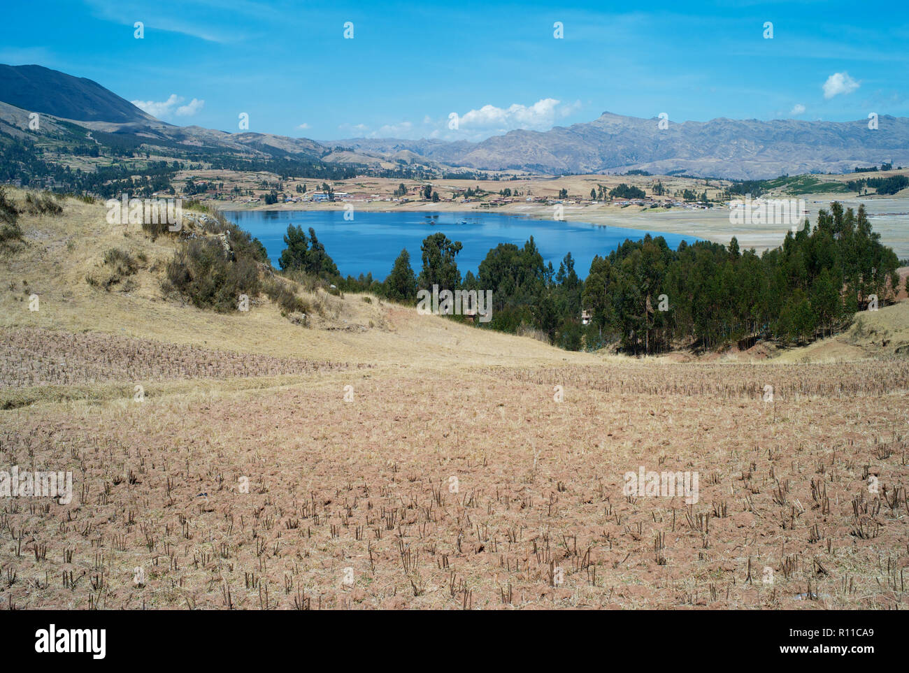 Bleu foncé envoûtant lac entouré de champs d'herbe d'or à sec dans les Andes péruviennes, près de Chinchero, Pérou Banque D'Images