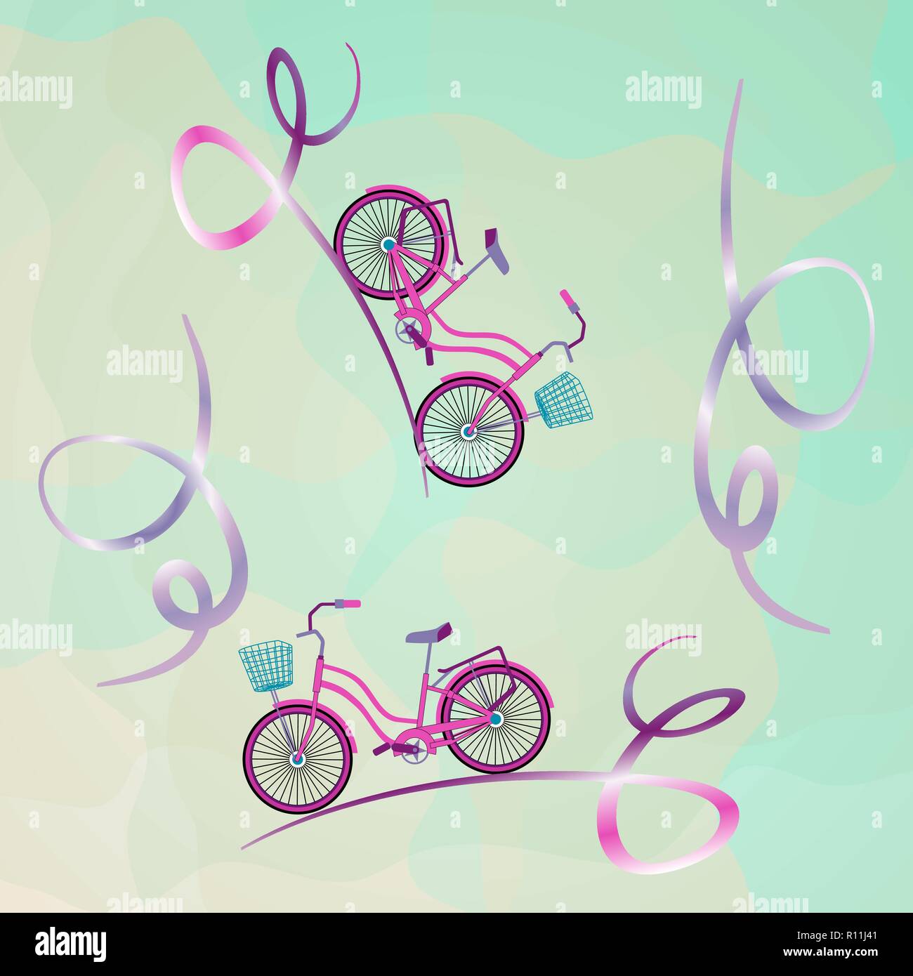 Deux vélos de montagne résumé la serpentine. Vélos unique avec les paniers en osier. Concept à la mode pour les catalogues, de l'information, voyages, websi Illustration de Vecteur