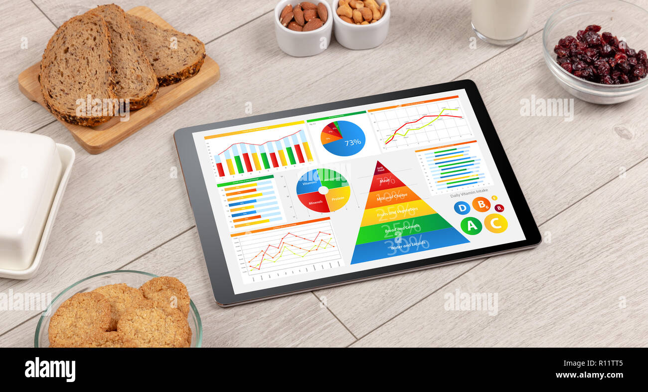 Concept de saine alimentation - close up of tablet avec plusieurs régimes statistiques Banque D'Images