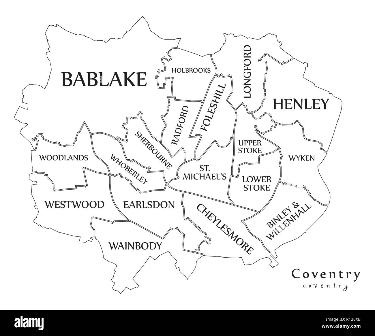Plan de la ville moderne - ville de Coventry en Angleterre avec des pupilles et titres UK contour plan Illustration de Vecteur