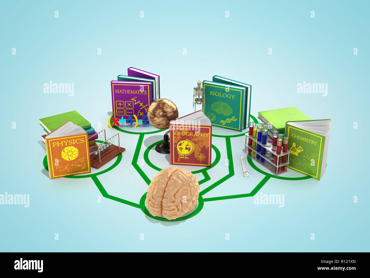 Concept de l'éducation, le cerveau est connecté aux lignes de livres consacrés à diverses sciences 3D render sur un gradient background Banque D'Images