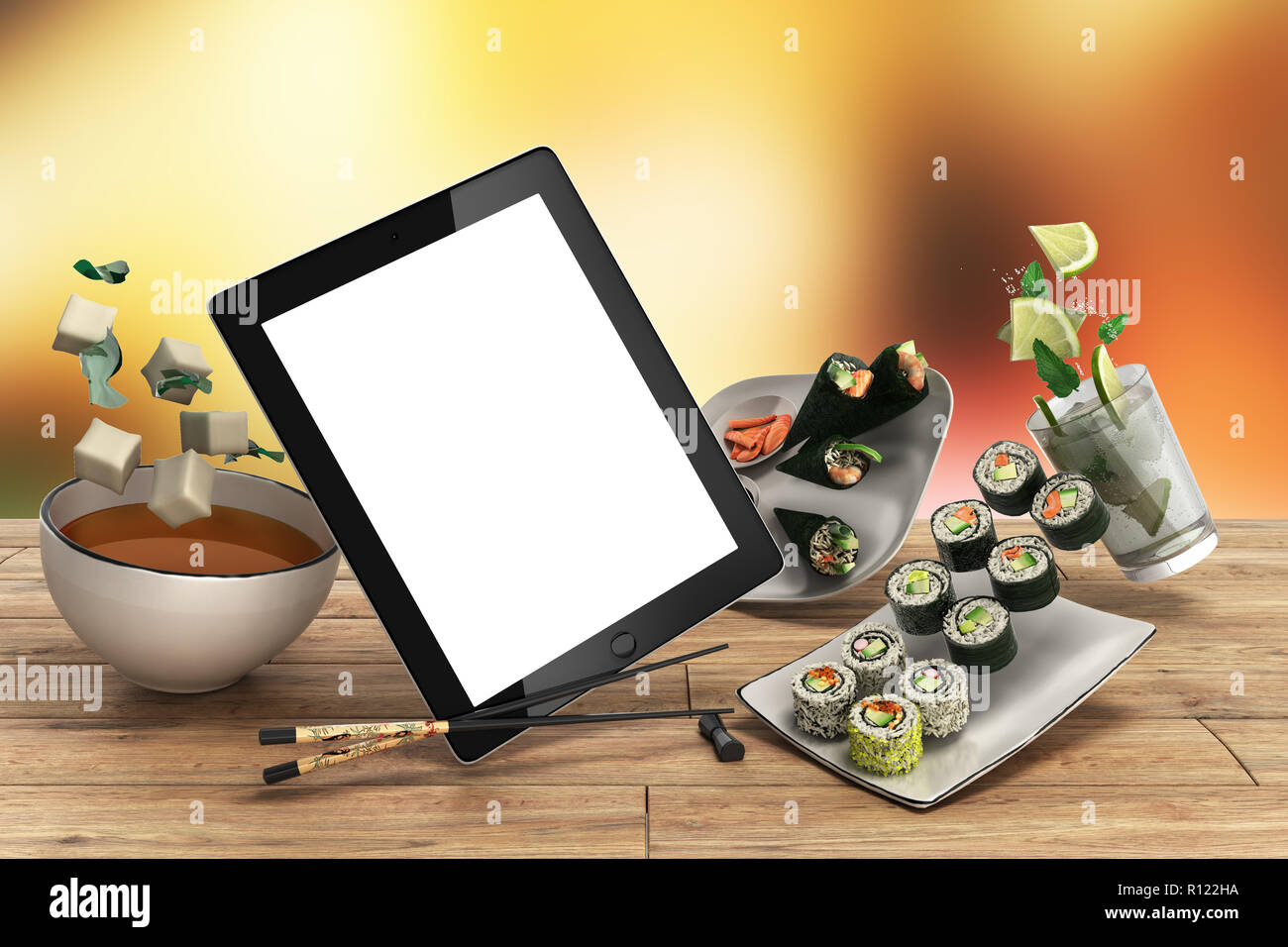 Livraison de plats japonais en ligne concept avec rouleaux de sushi sur une tablette électronique et baguettes 3d illustration Banque D'Images