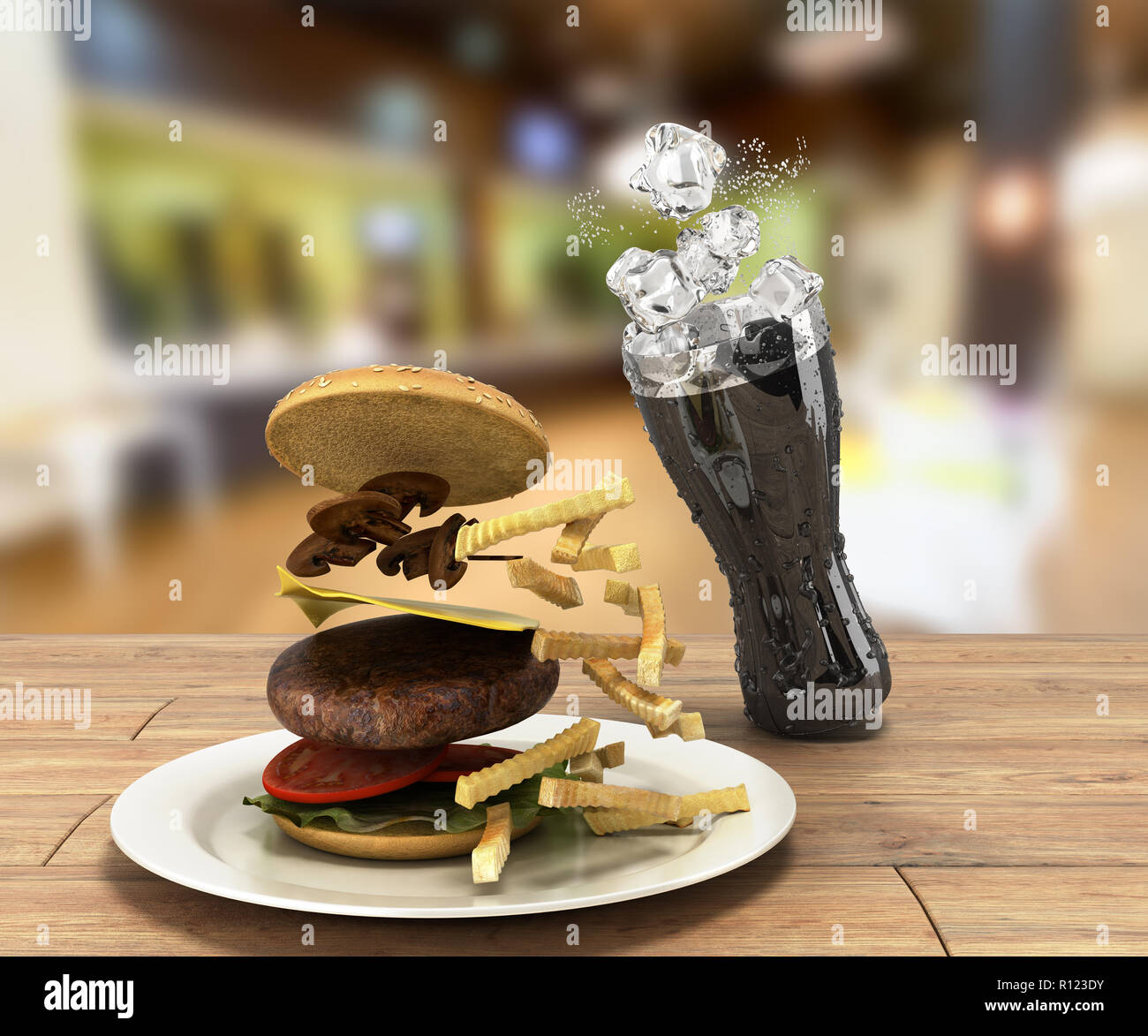 Hamburger et un verre de coca avec de la glace sur une table en bois couleur d'espace libre pour le texte 3D render Banque D'Images
