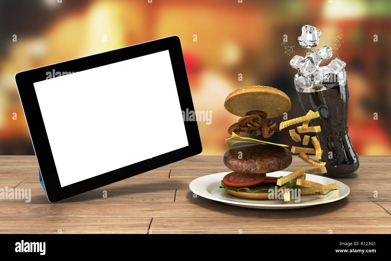 Ordinateur tablette avec un écran vide sur la table en bois avec un hamburger et un verre de coca avec de la glace de l'espace libre pour le texte 3D render Banque D'Images