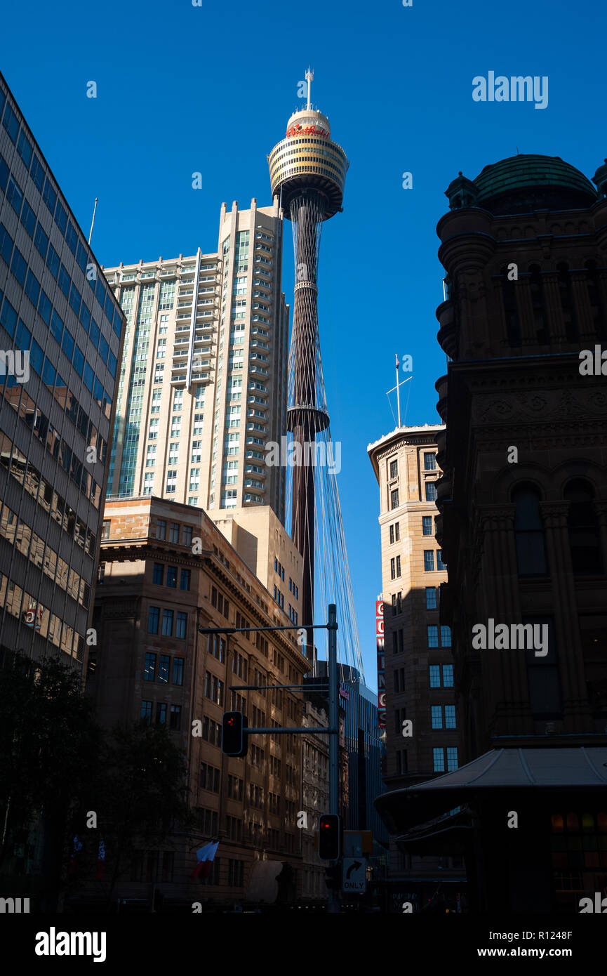 06.05.2018, Sydney, NSW, Australie - Sydney Tower, la plus haute structure de la ville et la deuxième plus haute tour d'observation dans l'hémisphère Sud. Banque D'Images