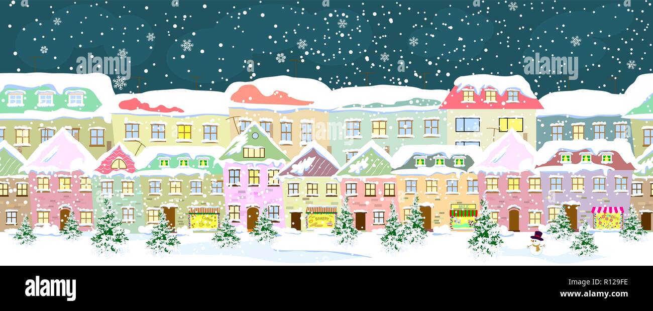 Paysage de la ville d'hiver, sans couture. Rue de la ville en hiver. Les maisons sont couvertes de neige. Neige sur une rue de la ville. Ville couverte de neige. Illustration de Vecteur