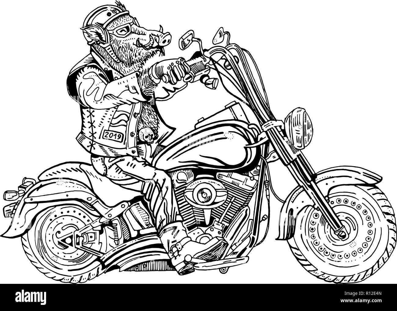 Les sangliers sur moto. Motard, motocycliste. Symbole de 2019 - année du cochon. Gravure illustration style dessiné à la main. Sticker, poster, t shirt, impression Illustration de Vecteur