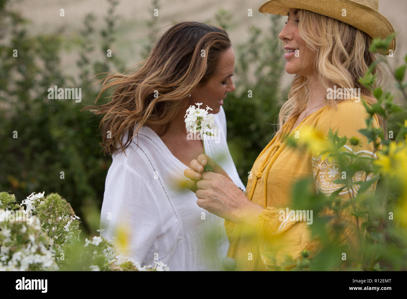 Les femmes qui travaillent sur la campagne dans le jardin Banque D'Images