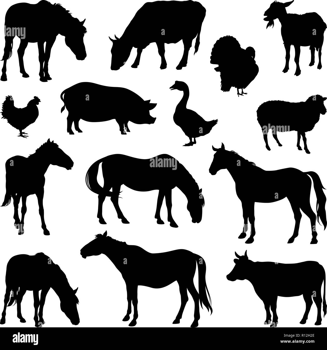 Vector silhouettes d'animaux de ferme isolé sur blanc. Le bétail et la volaille Illustration de Vecteur