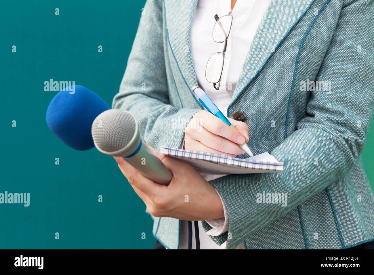 Femme journaliste lors d'une conférence de presse, la prise de notes, holding microphone Banque D'Images