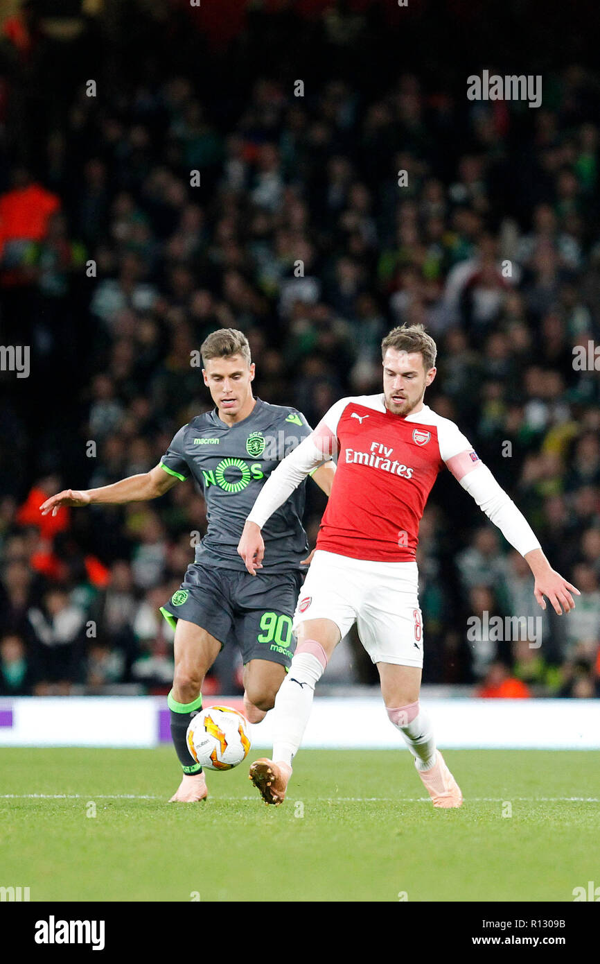 London, UK . 8 novembre, 2018. Aaron Ramsey d'Arsenal au cours de la phase de groupes de l'UEFA Europa League match entre Arsenal et sportifs à l'Emirates Stadium, Londres, Angleterre le 8 novembre 2018. Photo par Carlton Myrie. Usage éditorial uniquement, licence requise pour un usage commercial. Aucune utilisation de pari, de jeux ou d'un seul club/ligue/dvd publications. Credit : UK Sports Photos Ltd/Alamy Live News Banque D'Images