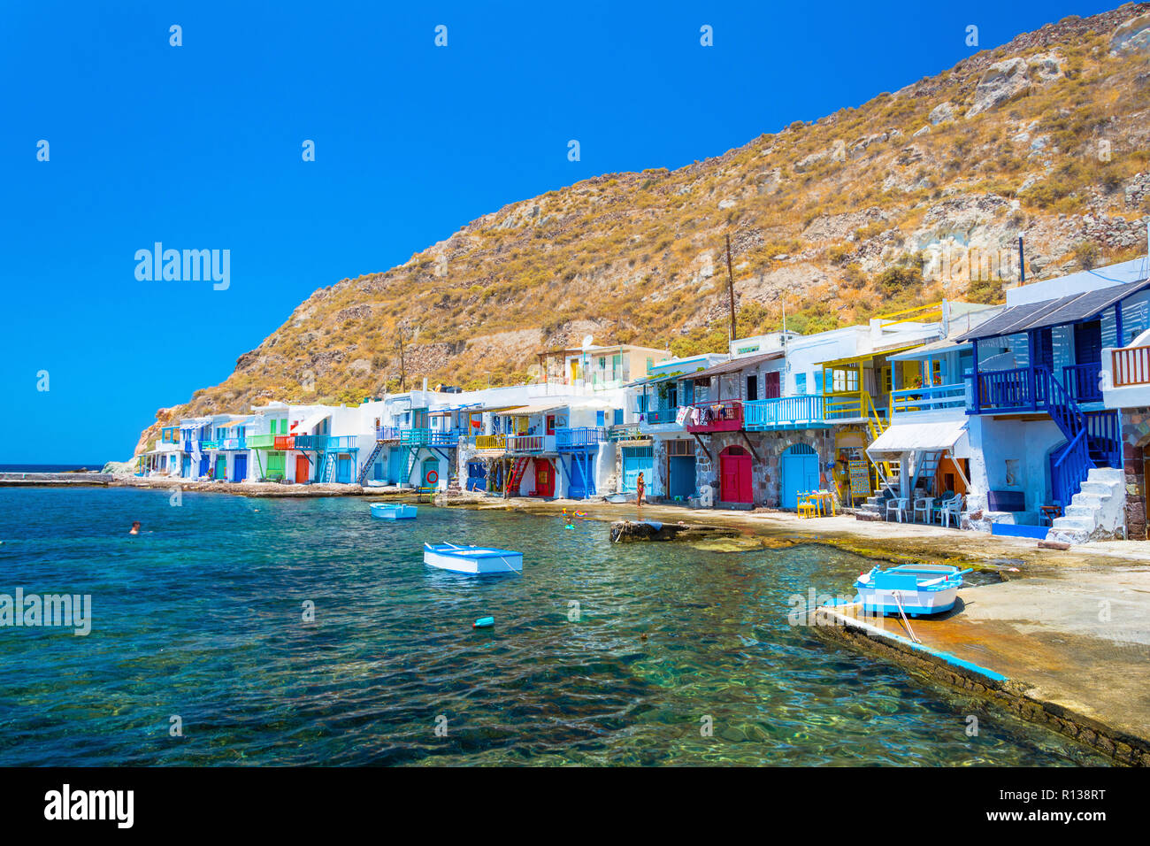 Village pittoresque Klima (village grec traditionnel par la mer, l''établissement de style) avec sirmata - maisons de pêcheurs traditionnels, l'île de Milos, Cyclades, Banque D'Images