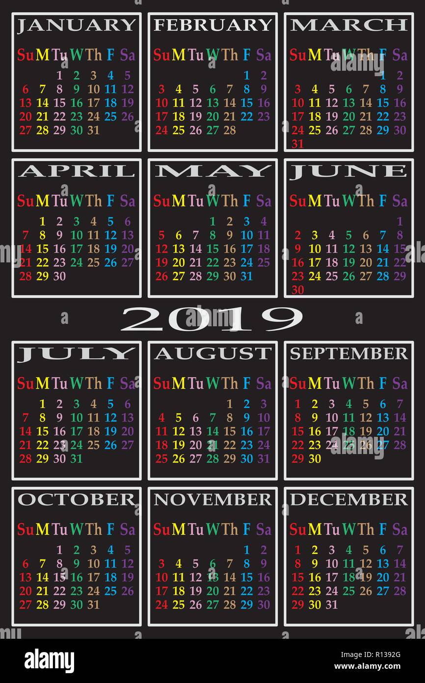 Calendrier 2019 séparés sur fond noir avec des couleurs spécifiques pour chaque jour de la semaine Illustration de Vecteur