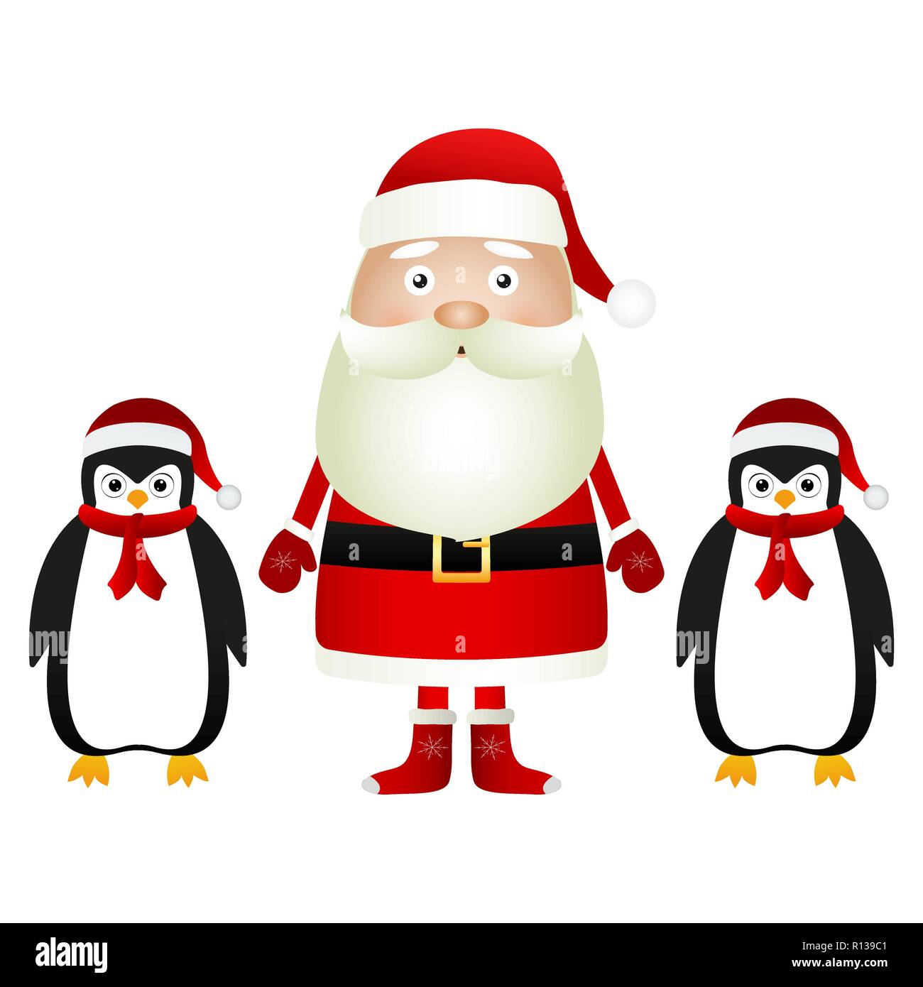 Le Père Noël avec les pingouins dans les chapeaux et foulards Illustration de Vecteur