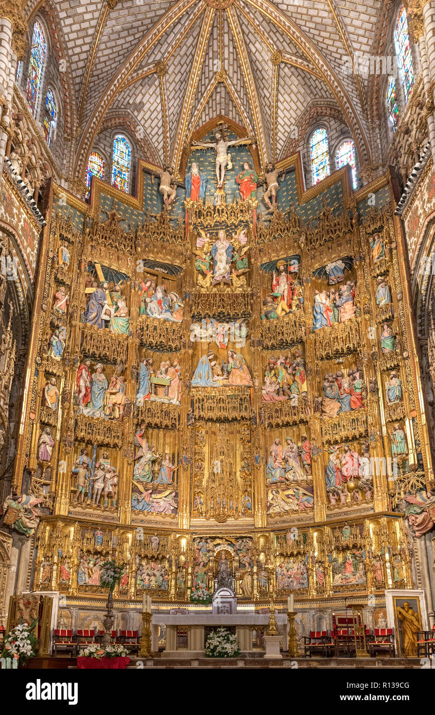 Le 15e siècle retable au-dessus de l'autel dans la Capilla Mayor (chapelle principale), la cathédrale de Tolède, Tolède, Castille la Manche, Espagne Banque D'Images