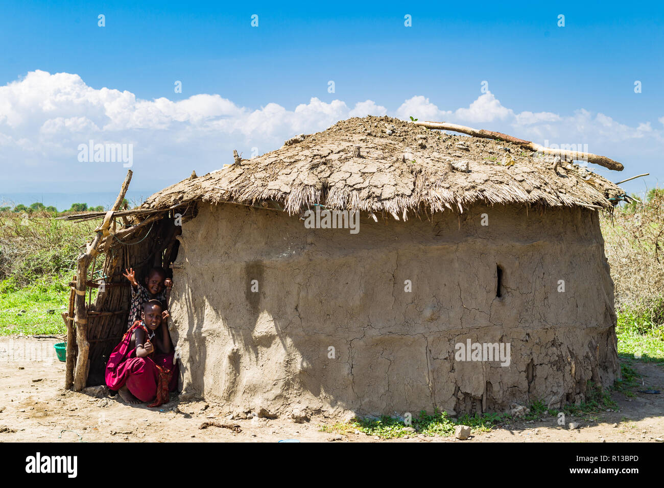 Arusha, Tanzanie - 24 janvier, 2018 - Traditional Masai village près d'Arusha, Tanzanie. Banque D'Images