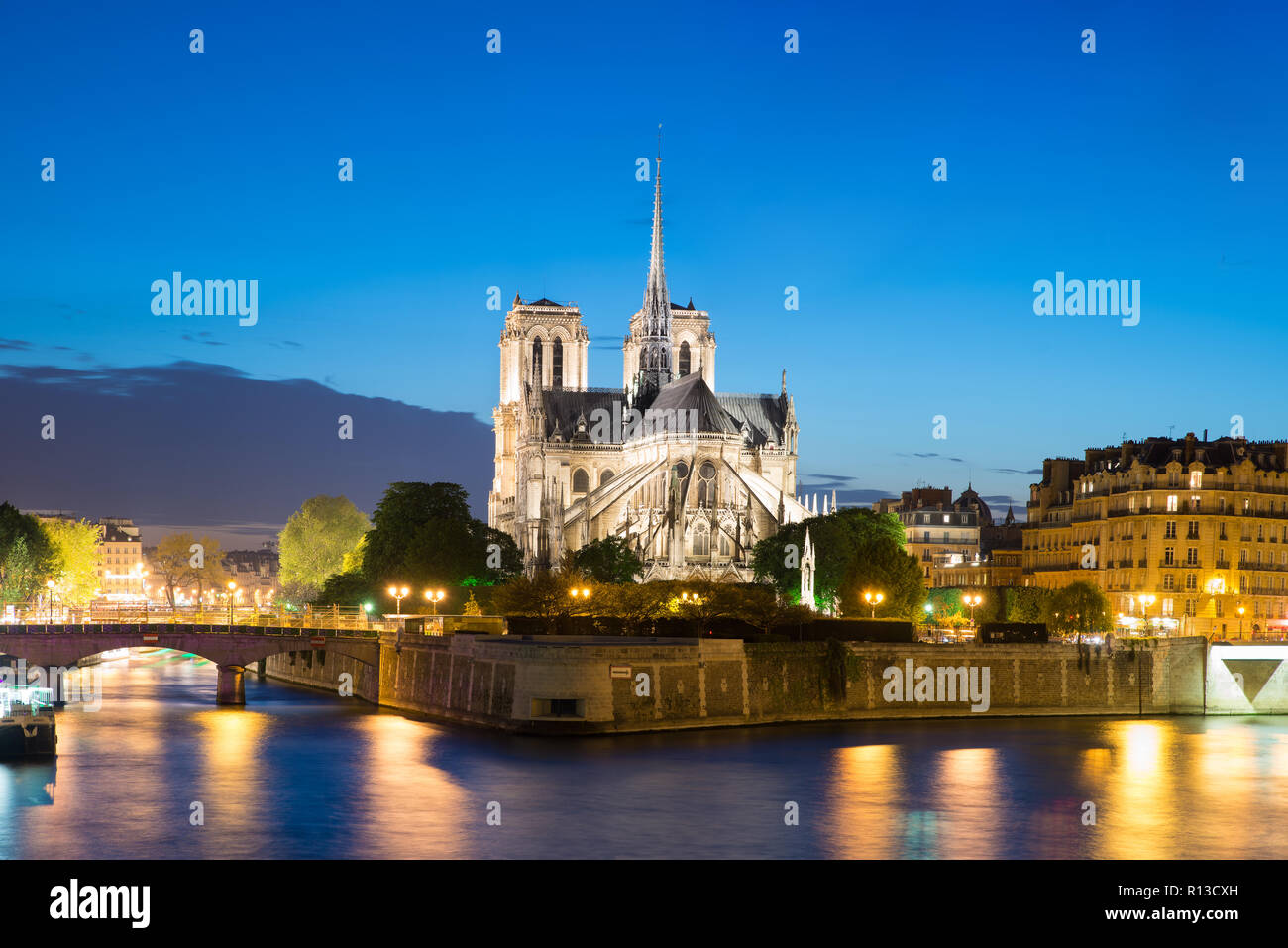 Notre Dame de Paris avec croisière sur la Seine la nuit à Paris, France Banque D'Images