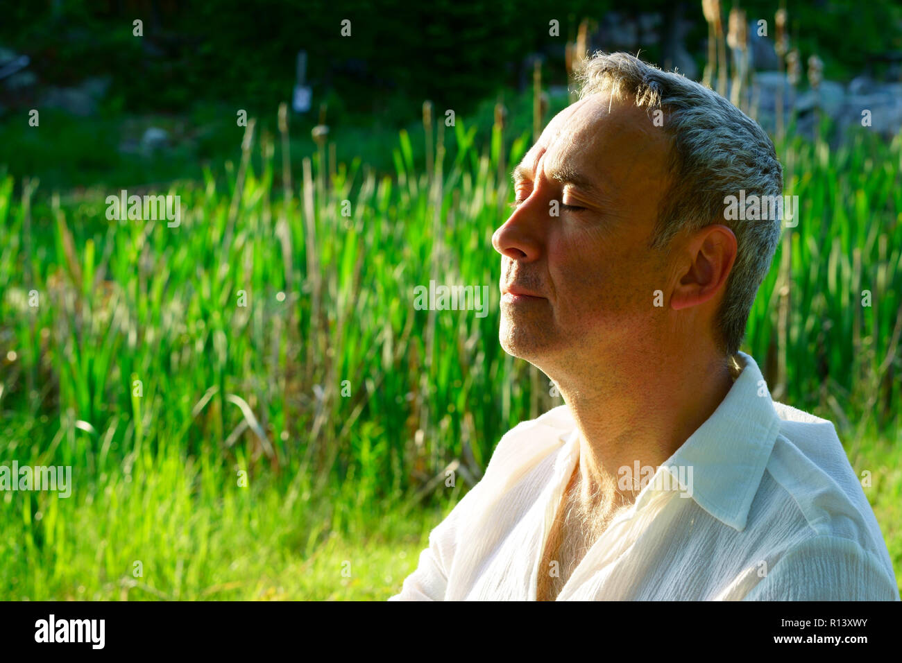 La méditation par la rivière. Tôt le matin. Lever du soleil avec un peu de brume sur le lac au Canada. Banque D'Images