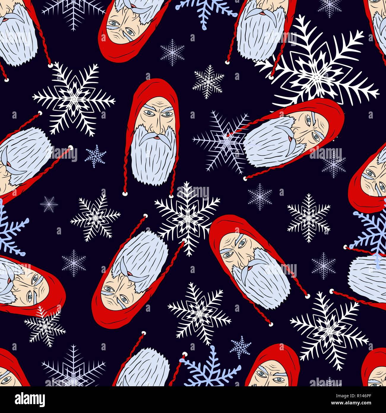 Noël sans modèle de la situation particulière de la tête du Père Noël médiéval avec des flocons Illustration de Vecteur