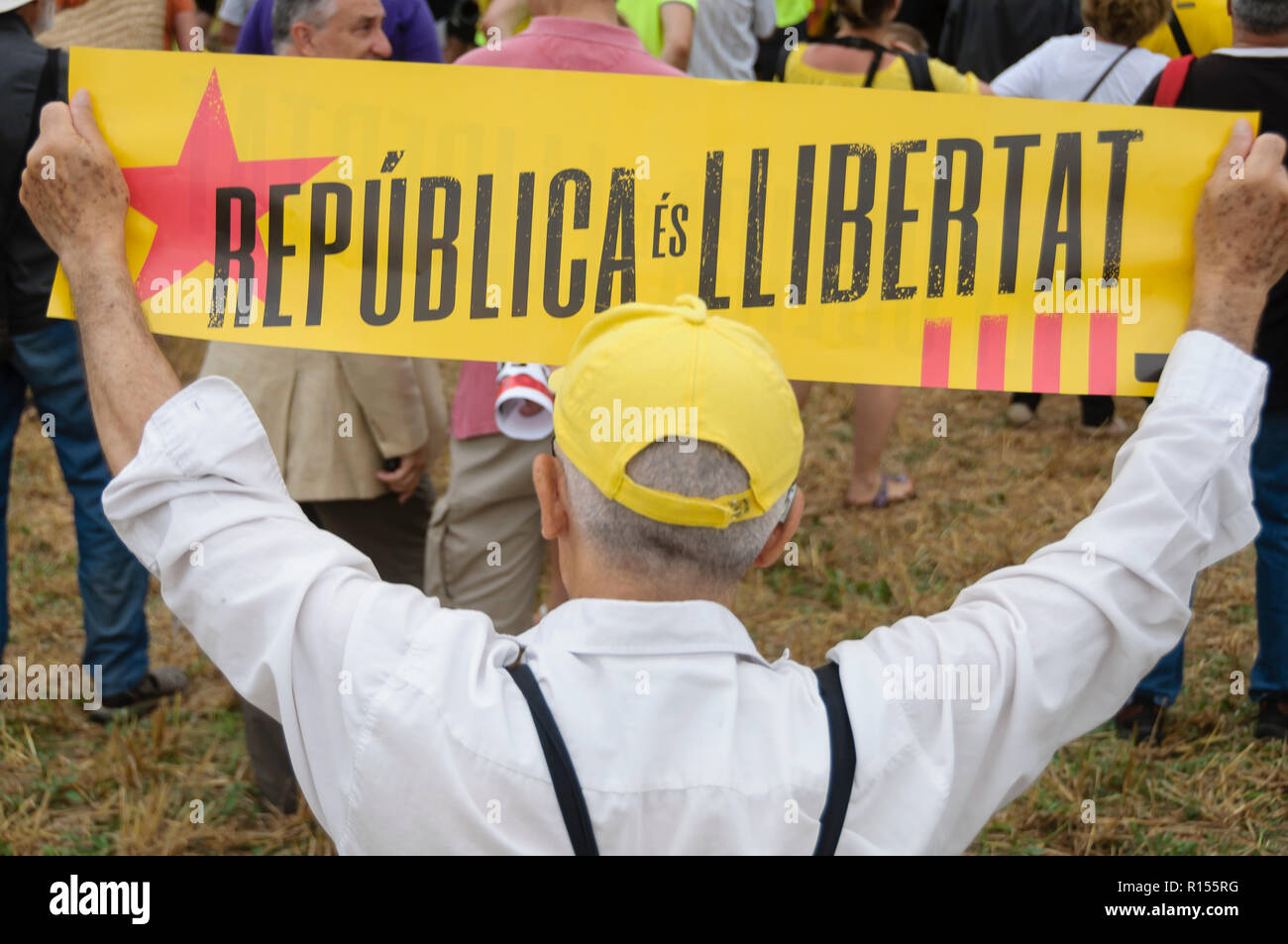 Les manifestants de demander la liberté des prisonniers politiques, Lledoners, Catalogne, Espagne Banque D'Images
