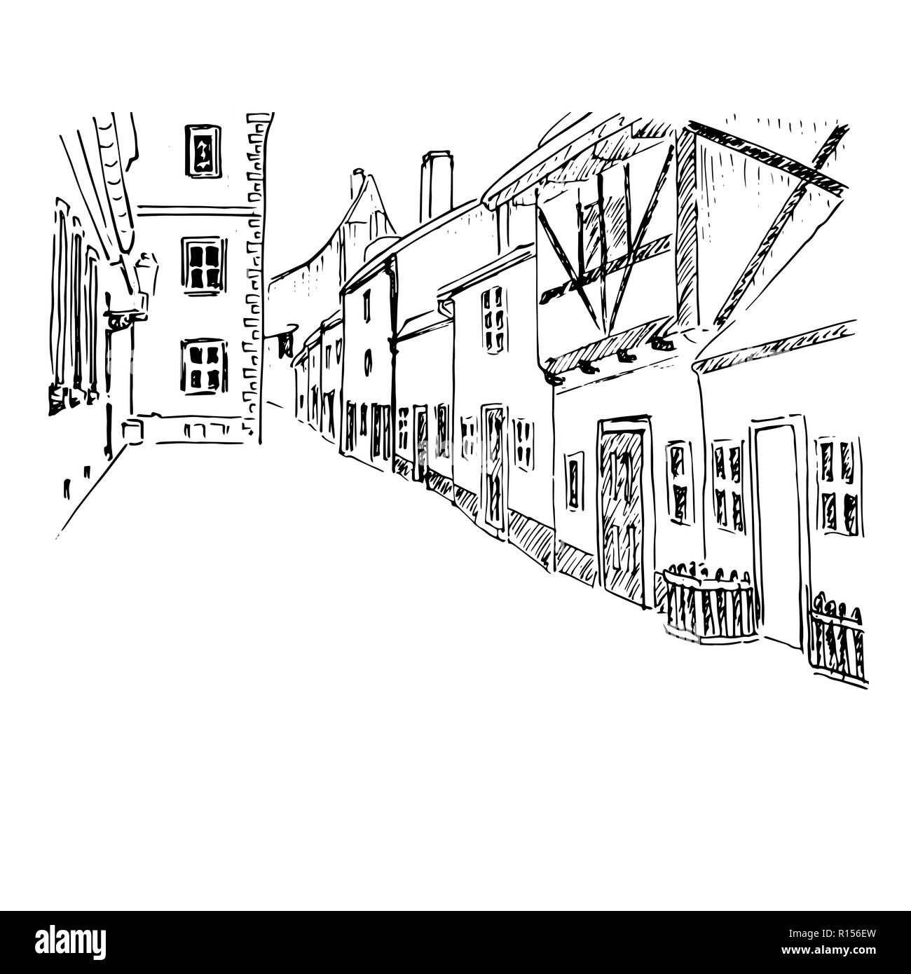 Vieille ville européenne street. Prague. Vector hand drawn croquis. Zlata ulicka - Golden street. Vector illustration style croquis stylo encre Illustration de Vecteur