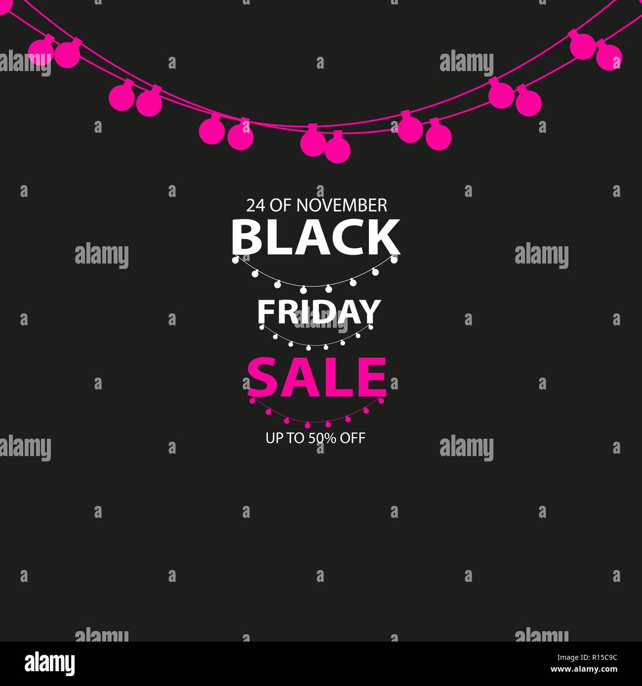 Vendredi noir fait main Vente avec guirlande et un arrière-plan sombre pour logo, bannières, étiquettes, badges, imprimés, affiches, web. Vector illustration. Illustration de Vecteur