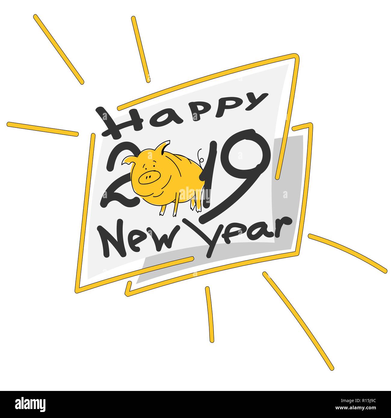 L'inscription de l'heureuse nouvelle année 2019 cochon jaune pinceau, typographie Illustration de Vecteur