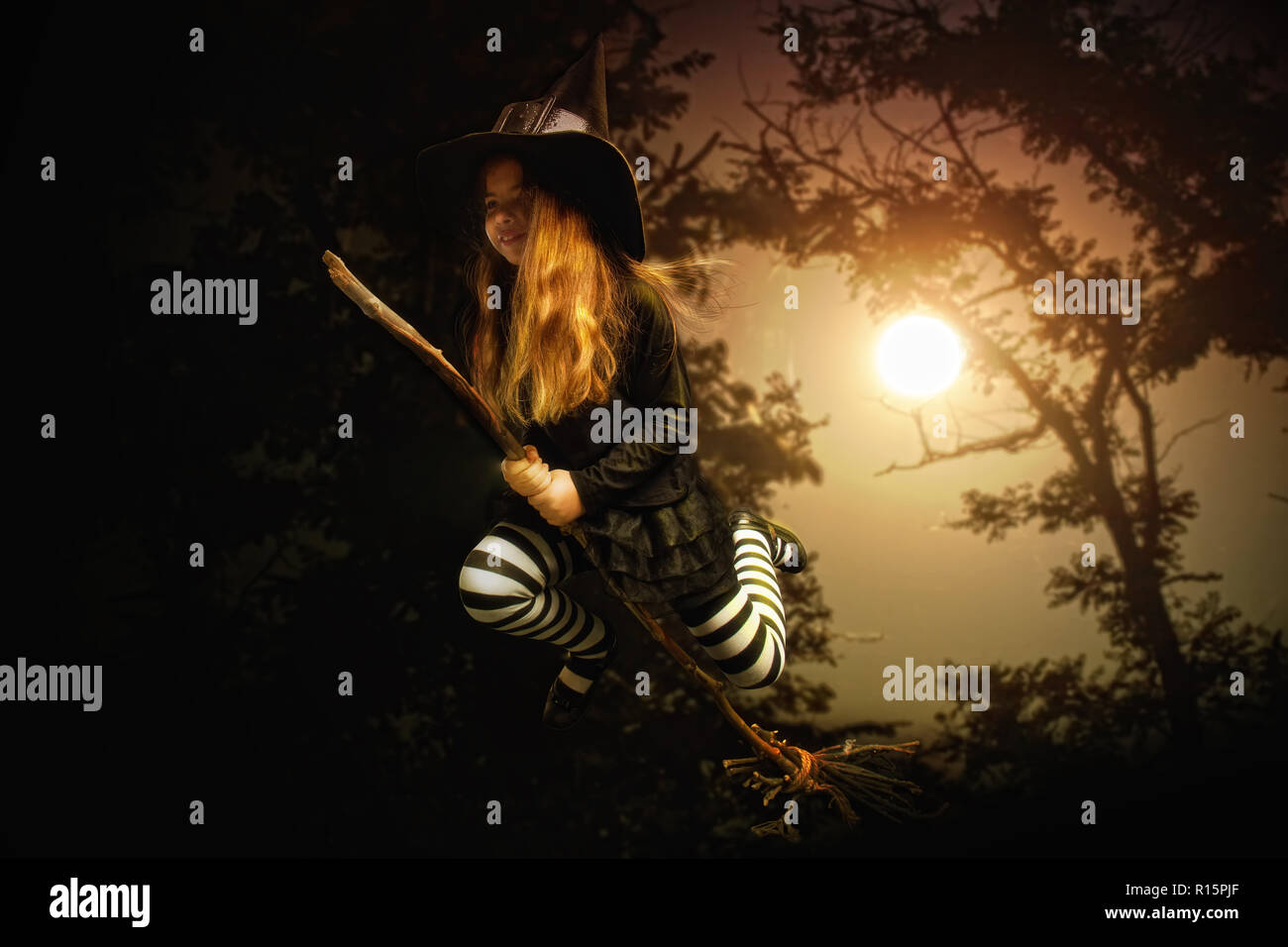 Une petite fille en costume traditionnel d'une sorcière médiévale et un chapeau pointu est voler sur un balai à travers une forêt sombre Banque D'Images