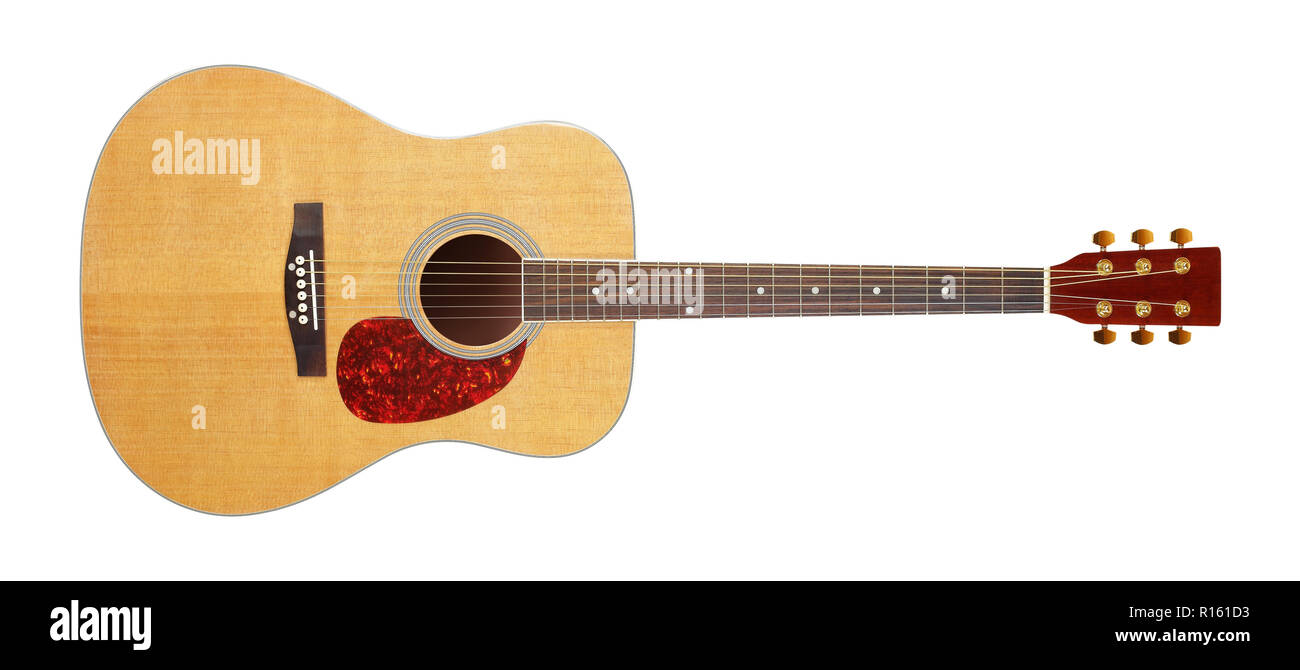 Instrument de musique - Guitare acoustique classique vue avant isolé sur un fond blanc. Banque D'Images