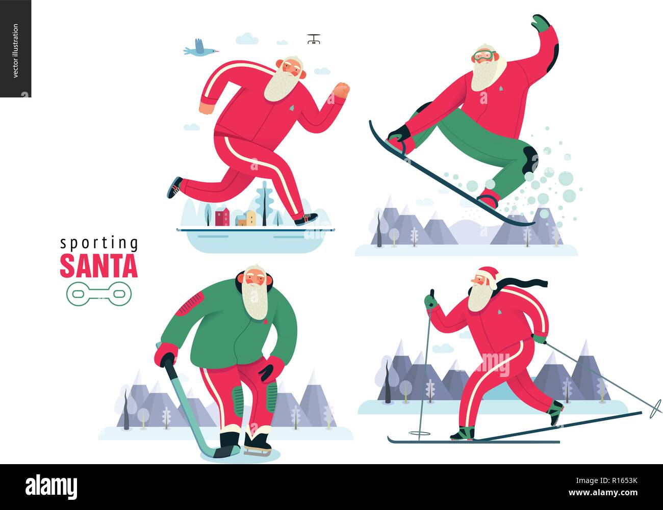 - Otdoor Santa sportives hiver activités set - télévision moderne concept vector illustrations de cheerful Santa Claus exécutant, snowboard, ski, playin Illustration de Vecteur