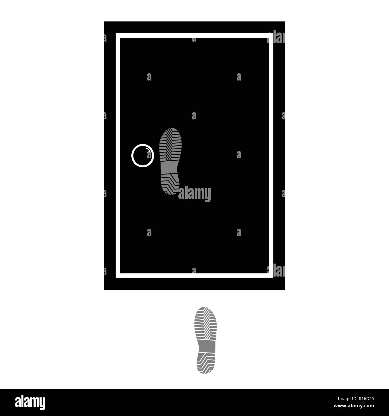 Vector illustration d'une porte fermée avec la chaussure s'imprime sur la porte et l'autre, télévision style. Illustration de Vecteur