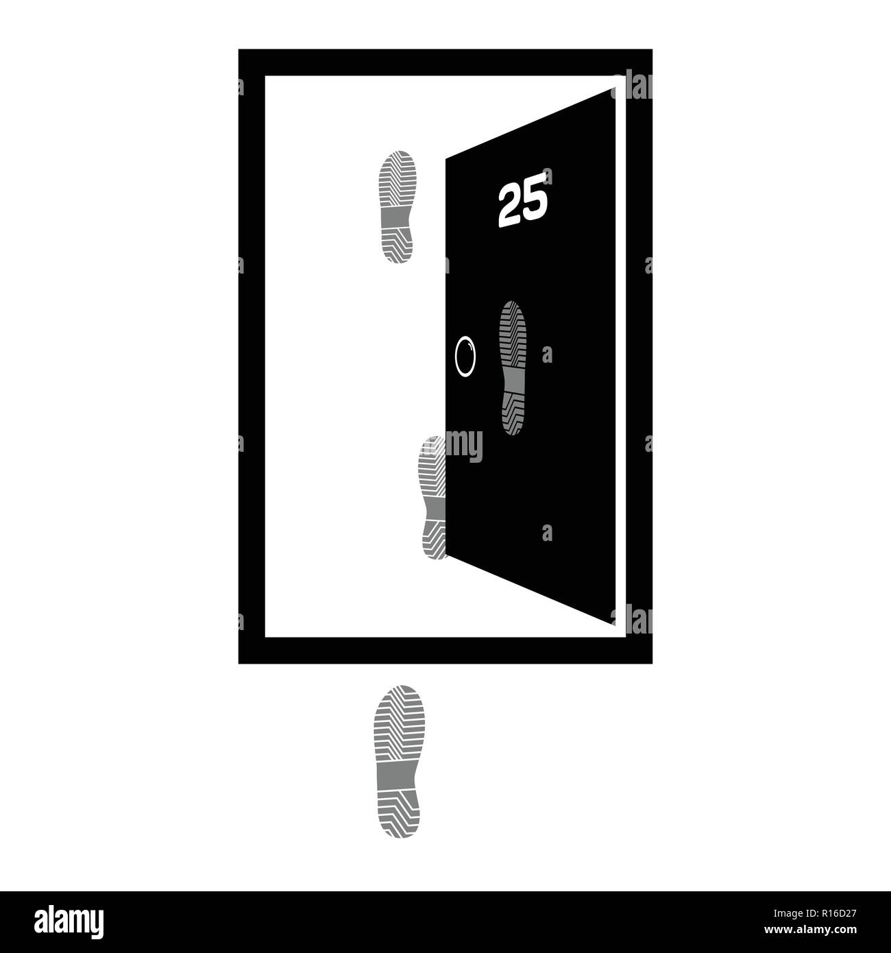 Vector illustration d'une porte ouverte avec le nombre vingt-cinq et de chaussures s'imprime sur la porte et l'autre, télévision style. Illustration de Vecteur