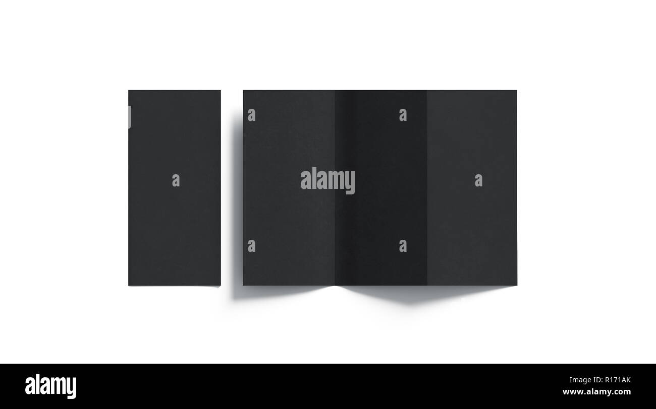 Noir blanc tri brochure pliée immersive, ouvert et fermé, vue du dessus, rendu 3d. Lisse les brochures des maquettes de définir isolés. Couverture de livre et trois Banque D'Images