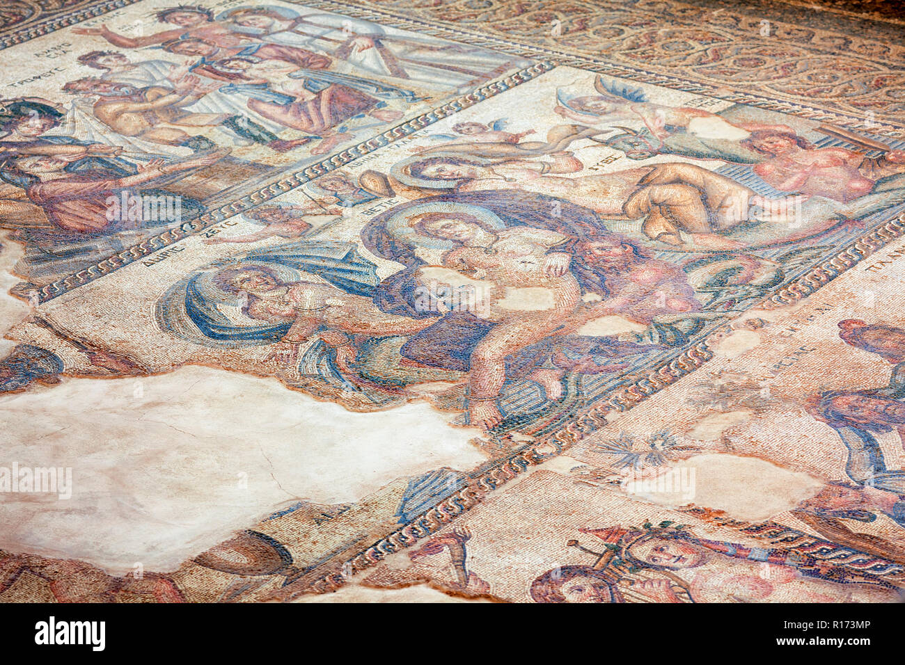 Paphos, Chypre - Décembre 09, 2013 mosaïque de la maison d'Aion. Kato Pafos Parc archéologique. Banque D'Images