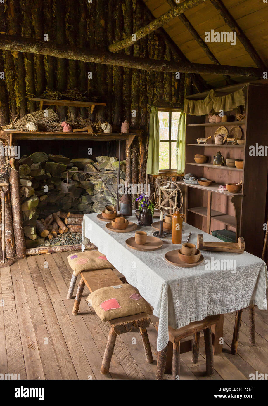 CAPE RANDOM, Terre-Neuve, Canada - Chalet à l'intérieur de film Random Passage, réplique d'un village de pêcheurs. Banque D'Images